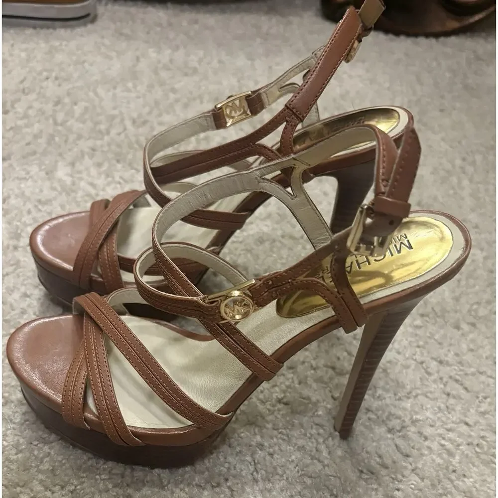 Michael Kors Cicely Brown Leather Strappy Platform Sandals Size 6.5